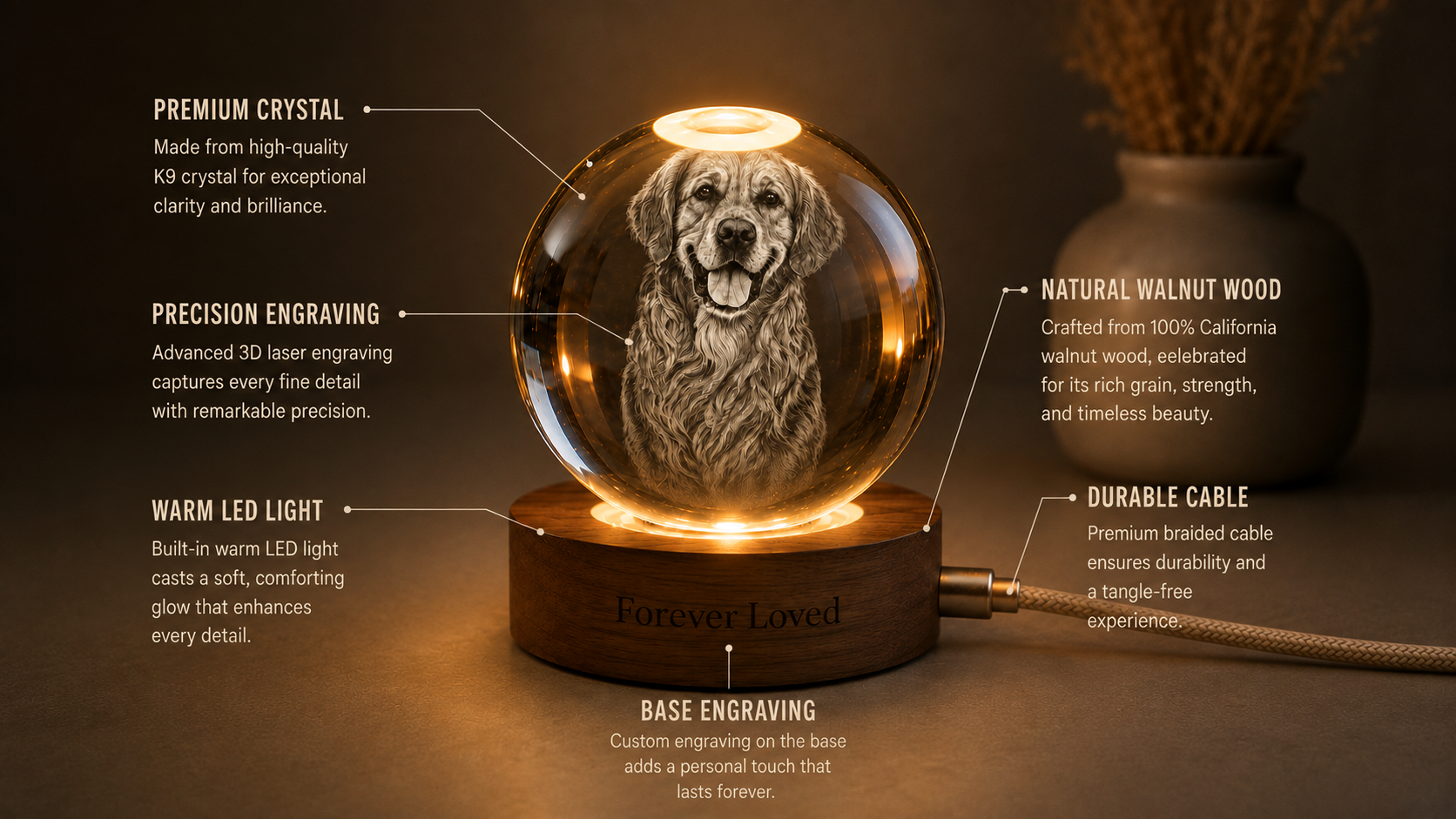 The Lucent Orb labelled: premium crystal, precision engraving, warm LED light, natural walnut wood, durable cable and base engraving